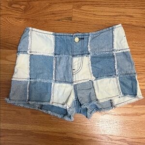 BDG Blue and White Patchwork Jean Shorts